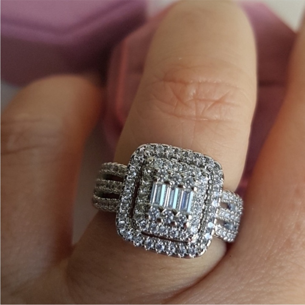 Swarovski Elements 925 Sterling Silver Square Pave Baguette Halo Ring NEW